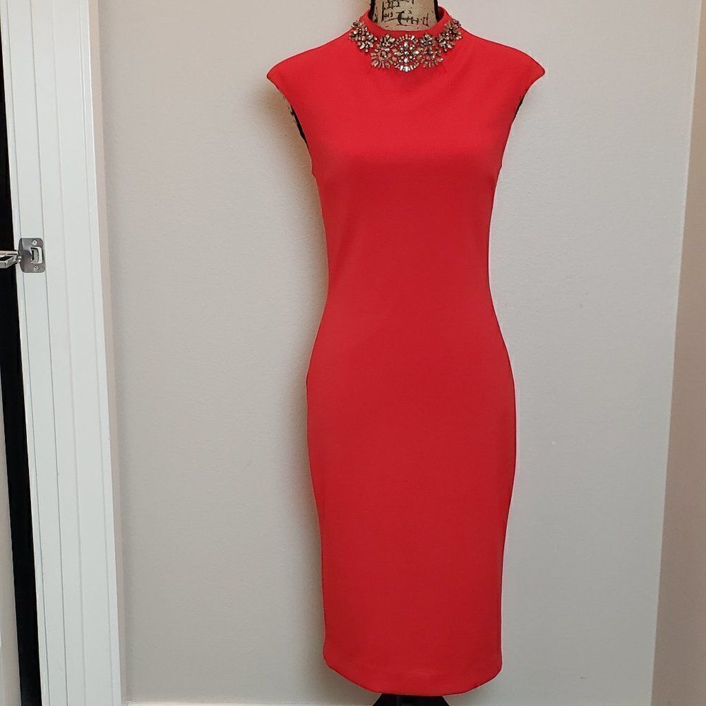 Ted Baker London Red Embellished-Neck Midi Dress